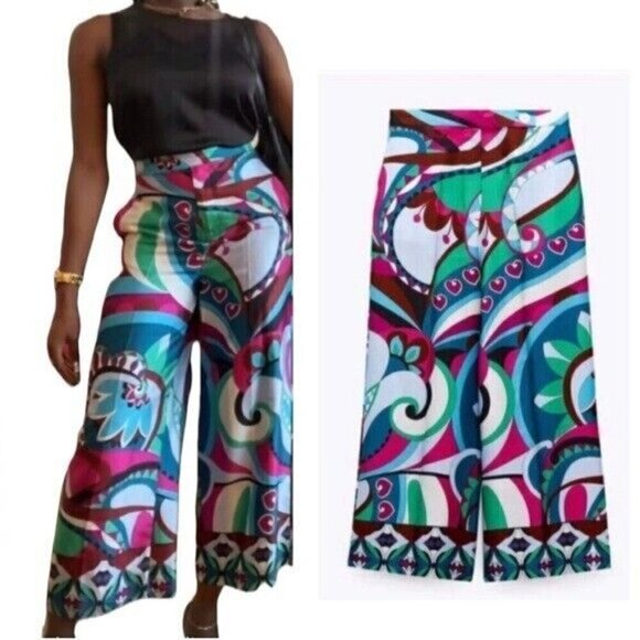 ZARA Satin High Waist Wide Leg Cropped Ankle Pants Size M NEW - Picture 1 of 7